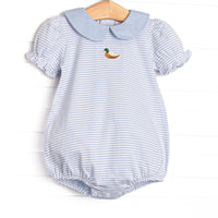 This precious bubble features blue stripes, a mallard embroidery, and the softest pima cotton.