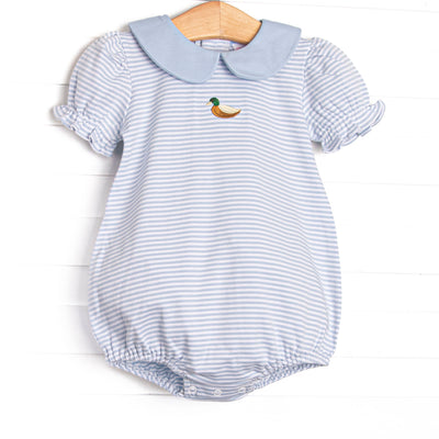 This precious bubble features blue stripes, a mallard embroidery, and the softest pima cotton.