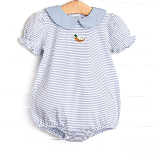 This precious bubble features blue stripes, a mallard embroidery, and the softest pima cotton.