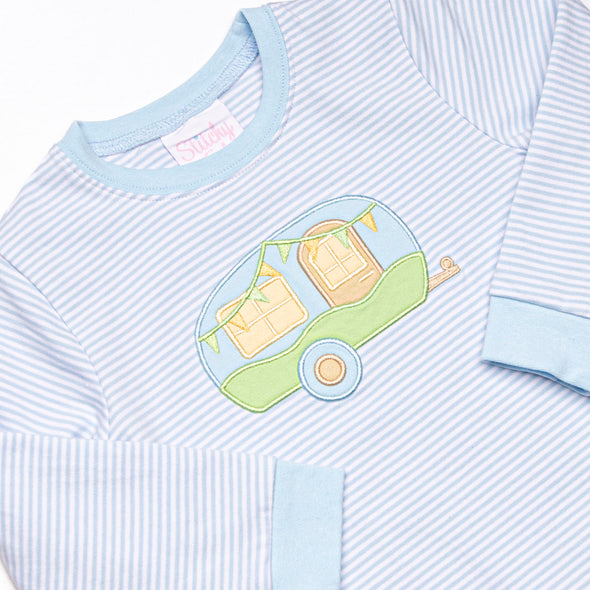 Caravan Camper Applique Romper, Blue Stripe