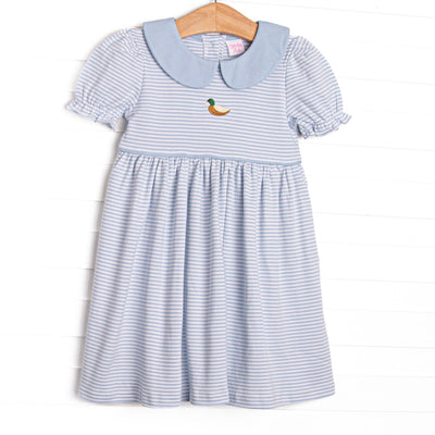  This precious dress features blue stripes, a mallard embroidery, and the softest pima cotton. 