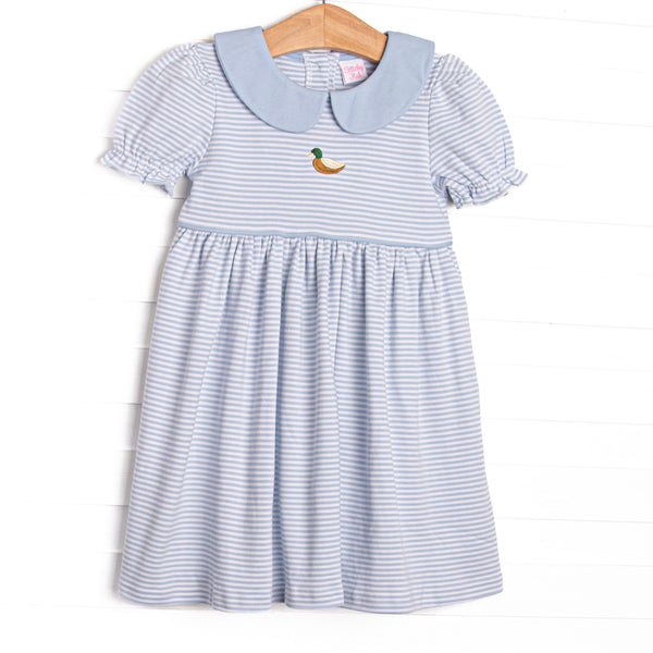  This precious dress features blue stripes, a mallard embroidery, and the softest pima cotton. 