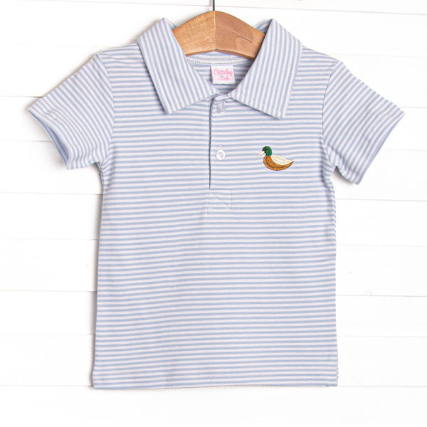 This precious shirt features blue stripes, a mallard embroidery, and the softest pima cotton.