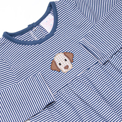 Furry Ear Friend Applique Romper, Navy Stripe