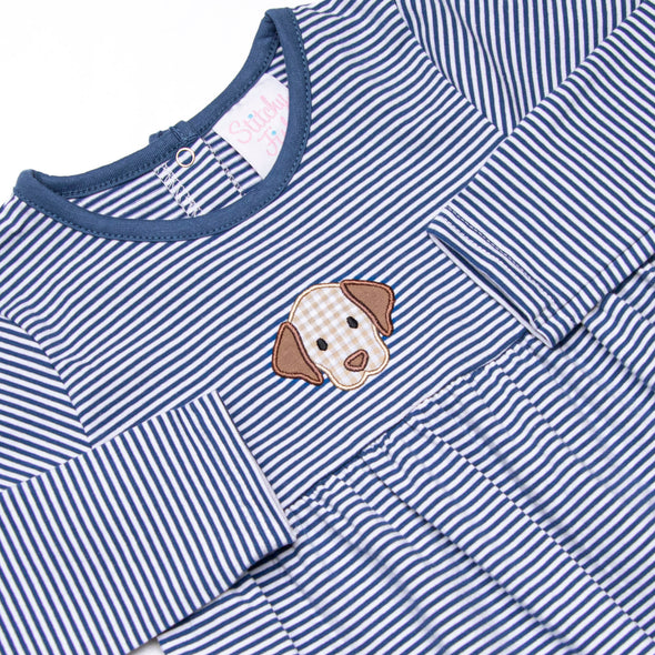 Furry Ear Friend Applique Romper, Navy Stripe