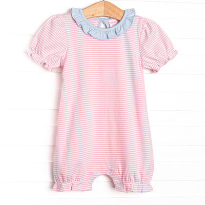 The romper features sweet pink stripes, extremely soft Pima cotton, and puff sleeves.
