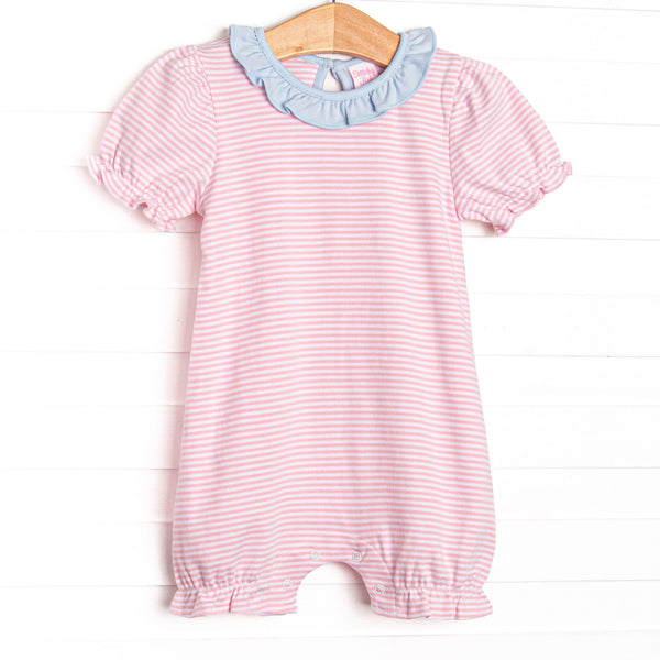The romper features sweet pink stripes, extremely soft Pima cotton, and puff sleeves.