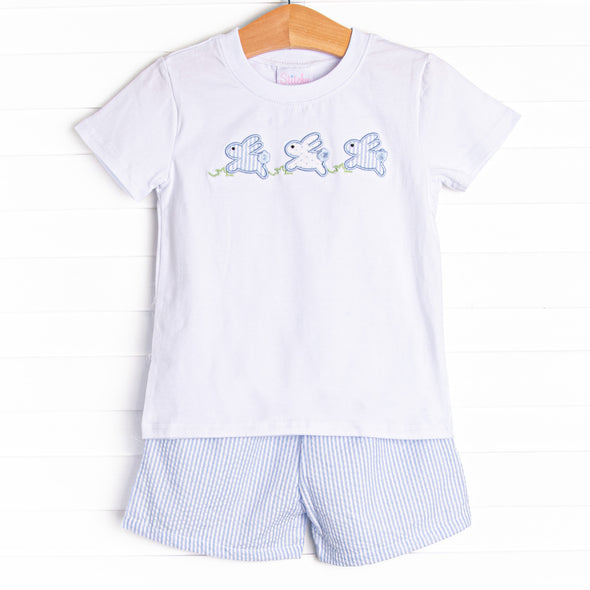 Hippity Hoppity Applique Short Set, Blue Seersucker
