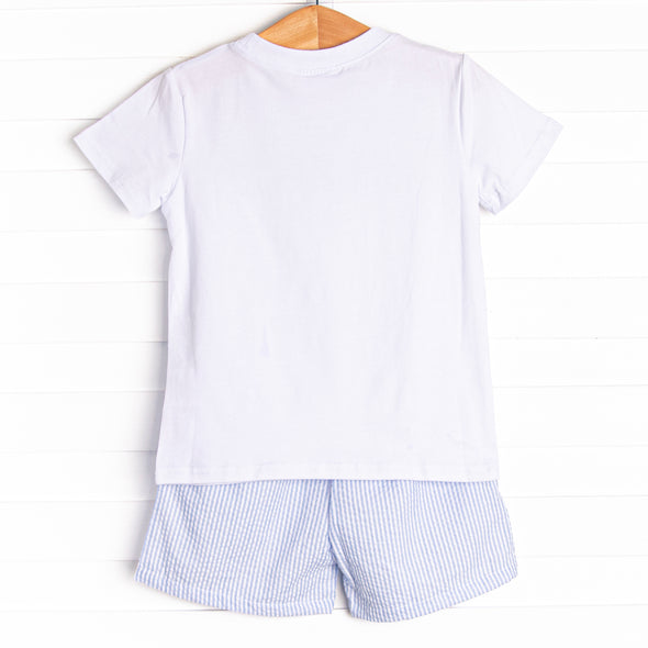 Hippity Hoppity Applique Short Set, Blue Seersucker