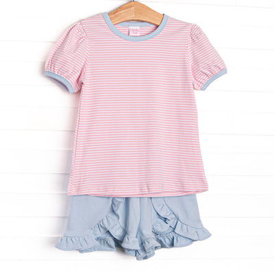 The set features our incredibly soft pima cotton, pink striped puff sleeve top, and blue ruffle shorts.