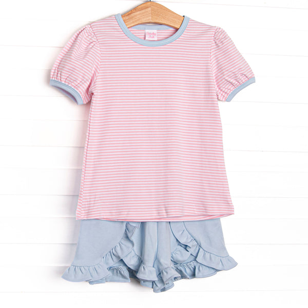 The set features our incredibly soft pima cotton, pink striped puff sleeve top, and blue ruffle shorts.