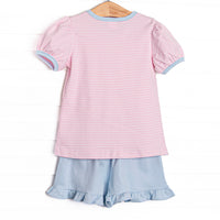 Paige Pima Ruffle Short Set, Light Blue and Pink Stripe