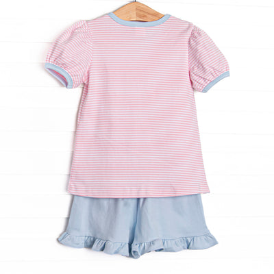 Paige Pima Ruffle Short Set, Light Blue and Pink Stripe