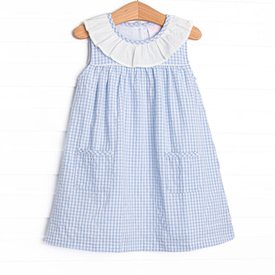 Girl's Picnic Plaid Pocket Dress in Light Blue Gingham size 12M