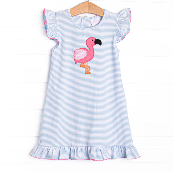 Fuchsia Feathers Applique Flutter Sleeve Dress, Blue