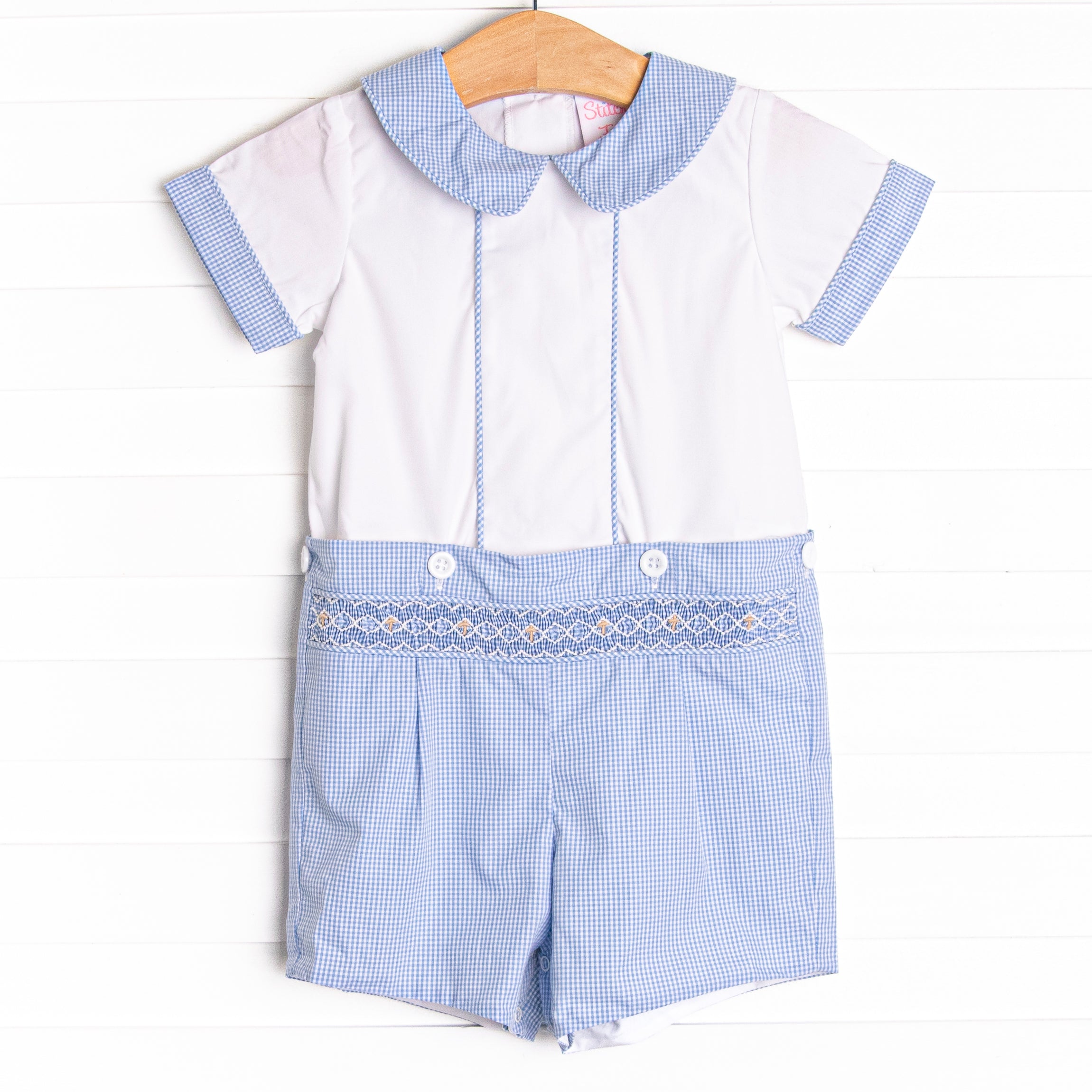 Day of Hope Smocked Short Set, Blue Stitchy Fish