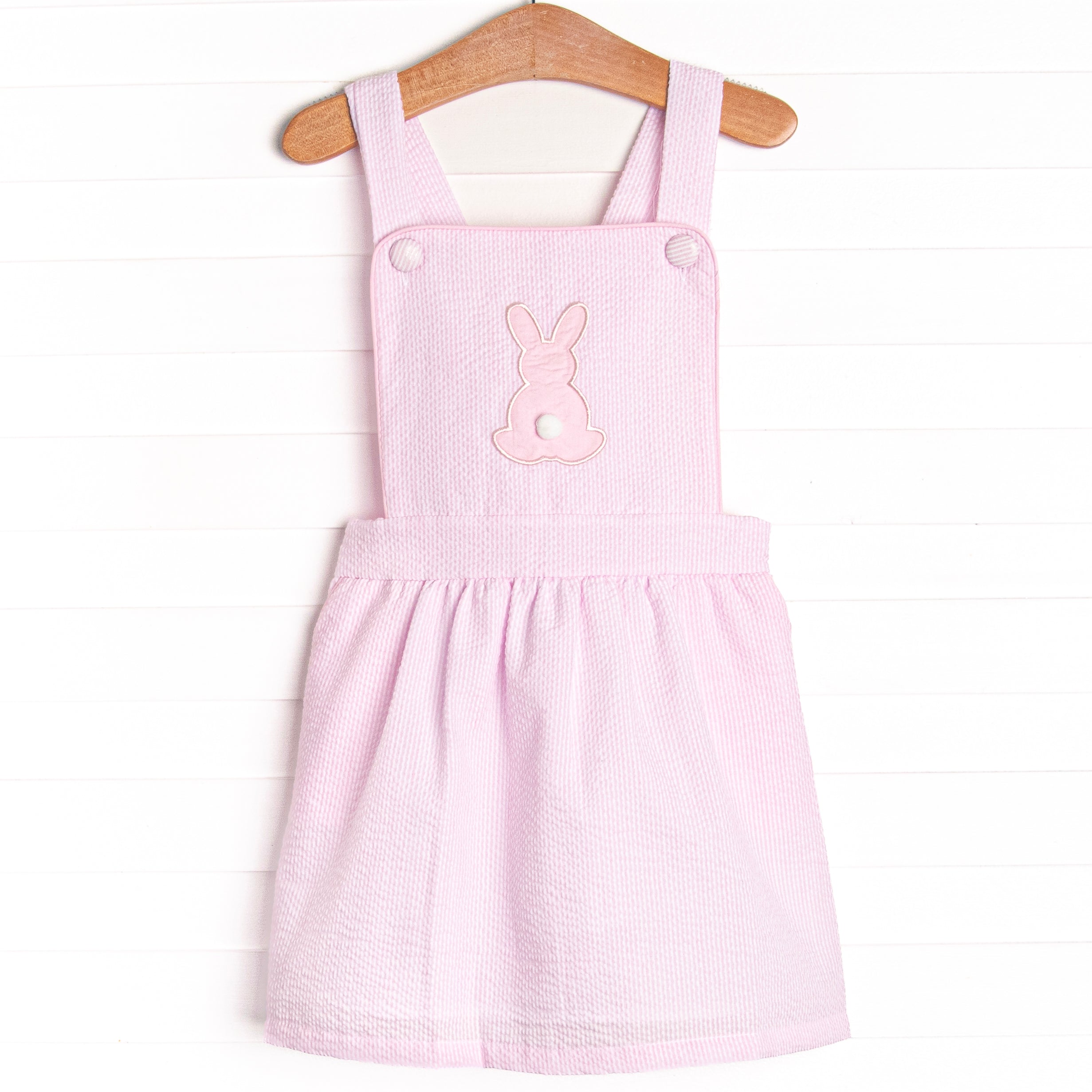 Girl's Oh Hoppy Day Applique Dress in Pink Seersucker size 7 | Stitchy Fish Girl's Oh Hoppy Day Applique Dress in Pink Seersucker size 7 | Stitchy Fish