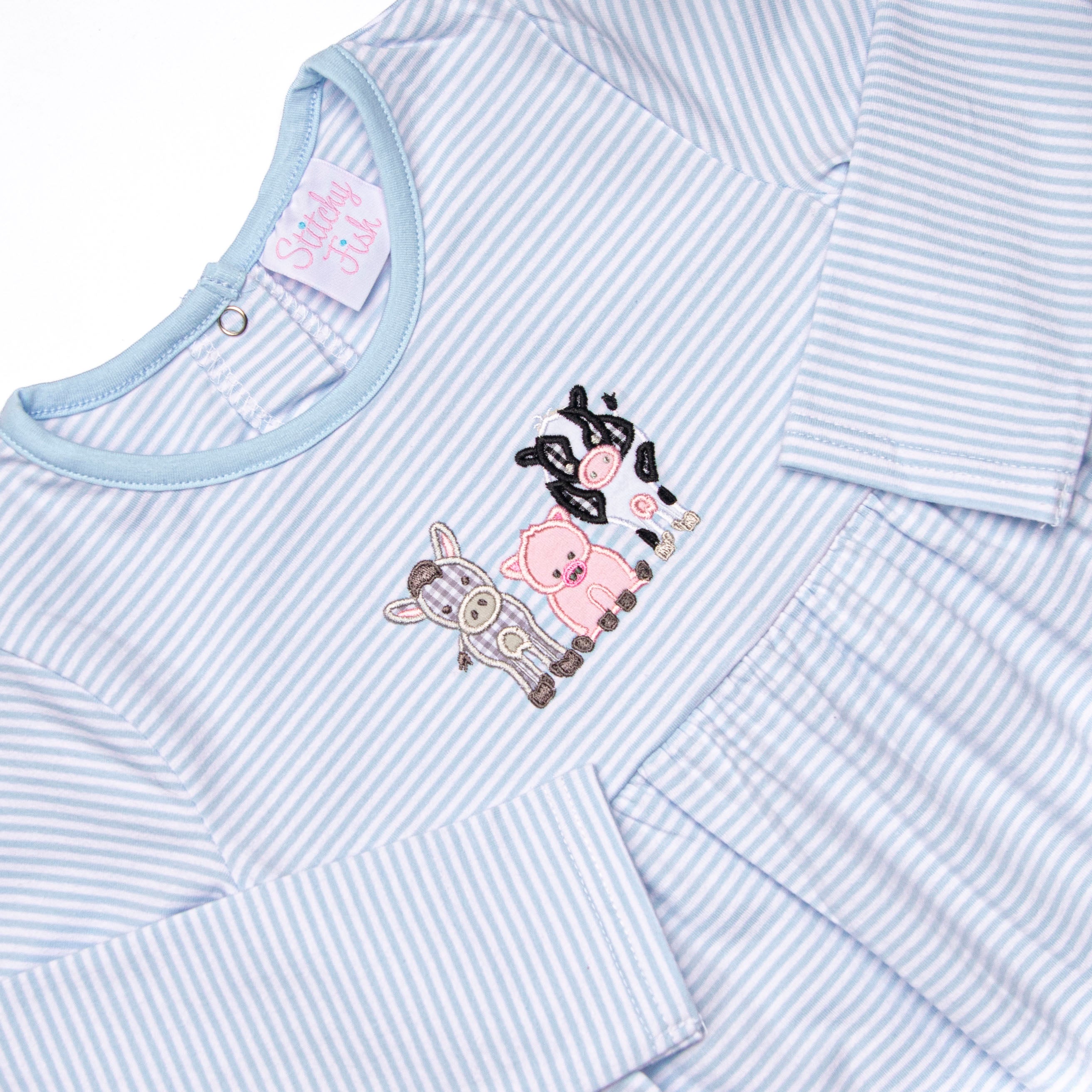 Farm Animal Favorites Applique Romper, Blue Stitchy Fish