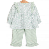 Garden Gate Gingham Side Tie Ruffle Pant Set, Green