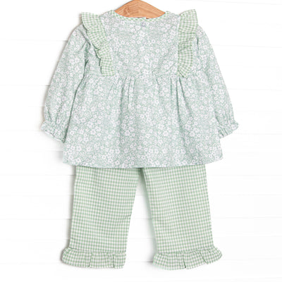 Garden Gate Gingham Side Tie Ruffle Pant Set, Green