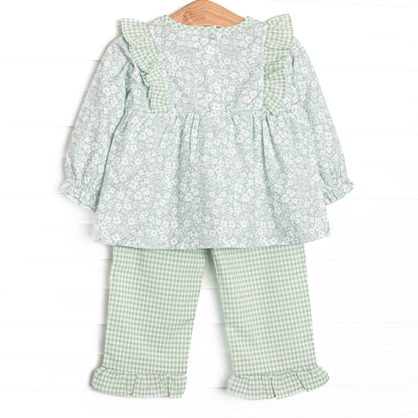 Garden Gate Gingham Side Tie Ruffle Pant Set, Green