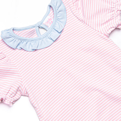 Elena Pima Bubble Romper, Light Blue and Pink Stripe