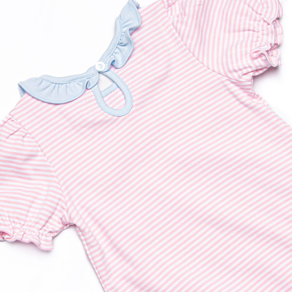 Elena Pima Bubble Romper, Light Blue and Pink Stripe