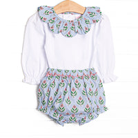 This set features a long sleeve top with a scalloped trimmed blue floral collar and coordinating diaper cover to match.