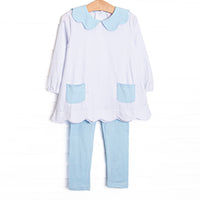 This set features a blue bitty dot top with a blue collar and pockets. Coordinating blue leggings to match.