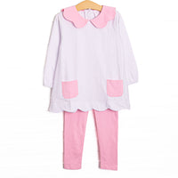 This set features a pink bitty dot top with a pink collar and pockets. Coordinating pink leggings to match.