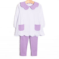 This set features a purple bitty dot top with a purple collar and pockets. Coordinating purple leggings to match.