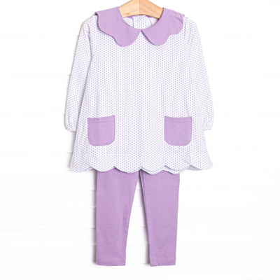 This set features a purple bitty dot top with a purple collar and pockets. Coordinating purple leggings to match.