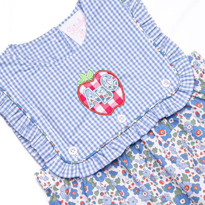 ABC Blossoms Applique Button On Bib Dress, Blue