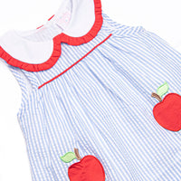 Time for School Seersucker Applique Ruffle Short Set, Blue