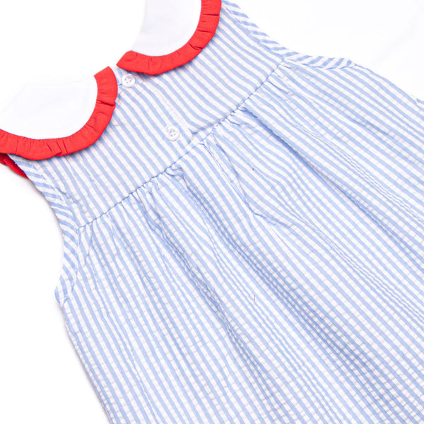 Time for School Seersucker Applique Ruffle Short Set, Blue