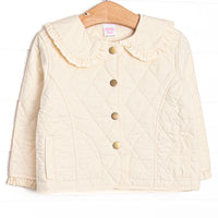 &nbsp;Quilted details,&nbsp;darling gold buttons down the front,&nbsp;and a ruffle peter pan collar. 