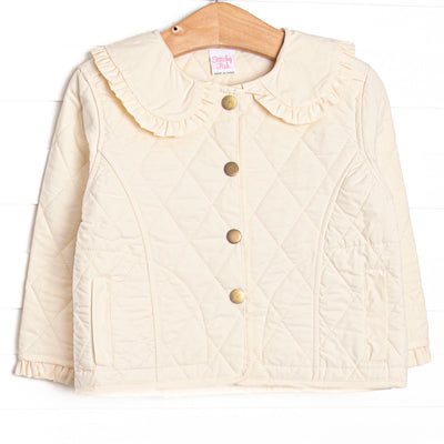 &nbsp;Quilted details,&nbsp;darling gold buttons down the front,&nbsp;and a ruffle peter pan collar. 