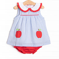  This set features a blue seersucker print, a peter pan collar with red ruffles, and an apple applique. Coordinating red diaper cover. 