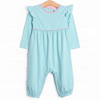 The romper features the softest knit material, snaps in the stride to make changing a breeze, and mint stripes.