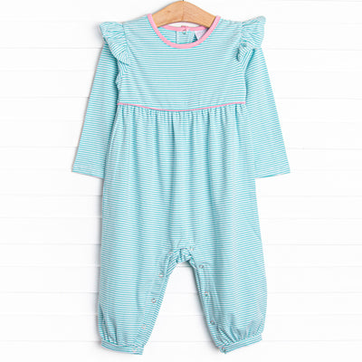 The romper features the softest knit material, snaps in the stride to make changing a breeze, and mint stripes.