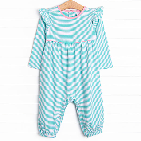 The romper features the softest knit material, snaps in the stride to make changing a breeze, and mint stripes.