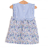 ABC Blossoms Applique Button On Bib Dress, Blue