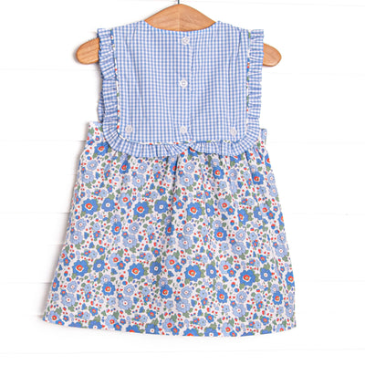 ABC Blossoms Applique Button On Bib Dress, Blue