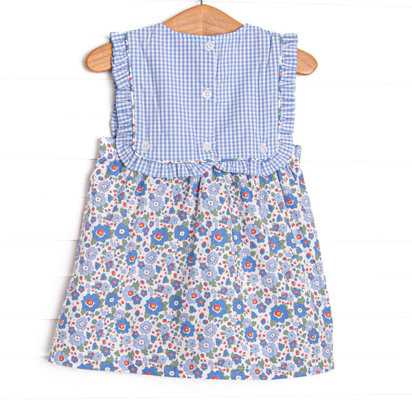 ABC Blossoms Applique Button On Bib Dress, Blue