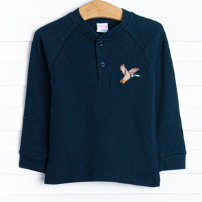 Flying Home Embroidered Waffle Knit Top, Blue