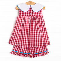 Back to School Banner Embroidered Ruffle Short Set, Red