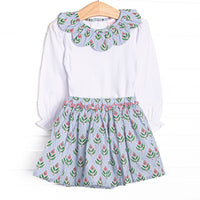  This set features a long sleeve top with a scalloped trimmed blue floral collar and coordinating skirt to match. 