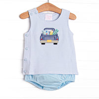 This set features a blue striped fabric, pickup truck applique, and fabric covered buttons.