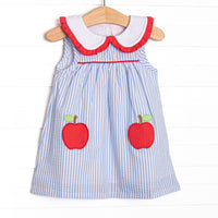 This dress features a blue seersucker print, a peter pan collar with red ruffles, and an apple applique.
