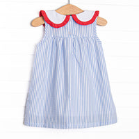 Time for School Seersucker Applique Dress, Blue